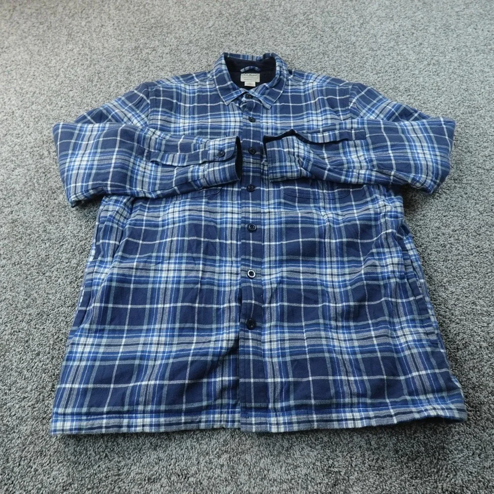 LL‎ Bean Jacket Mens L Blue Plaid Fleece Lined Flannel Shirt Shacket Button Up